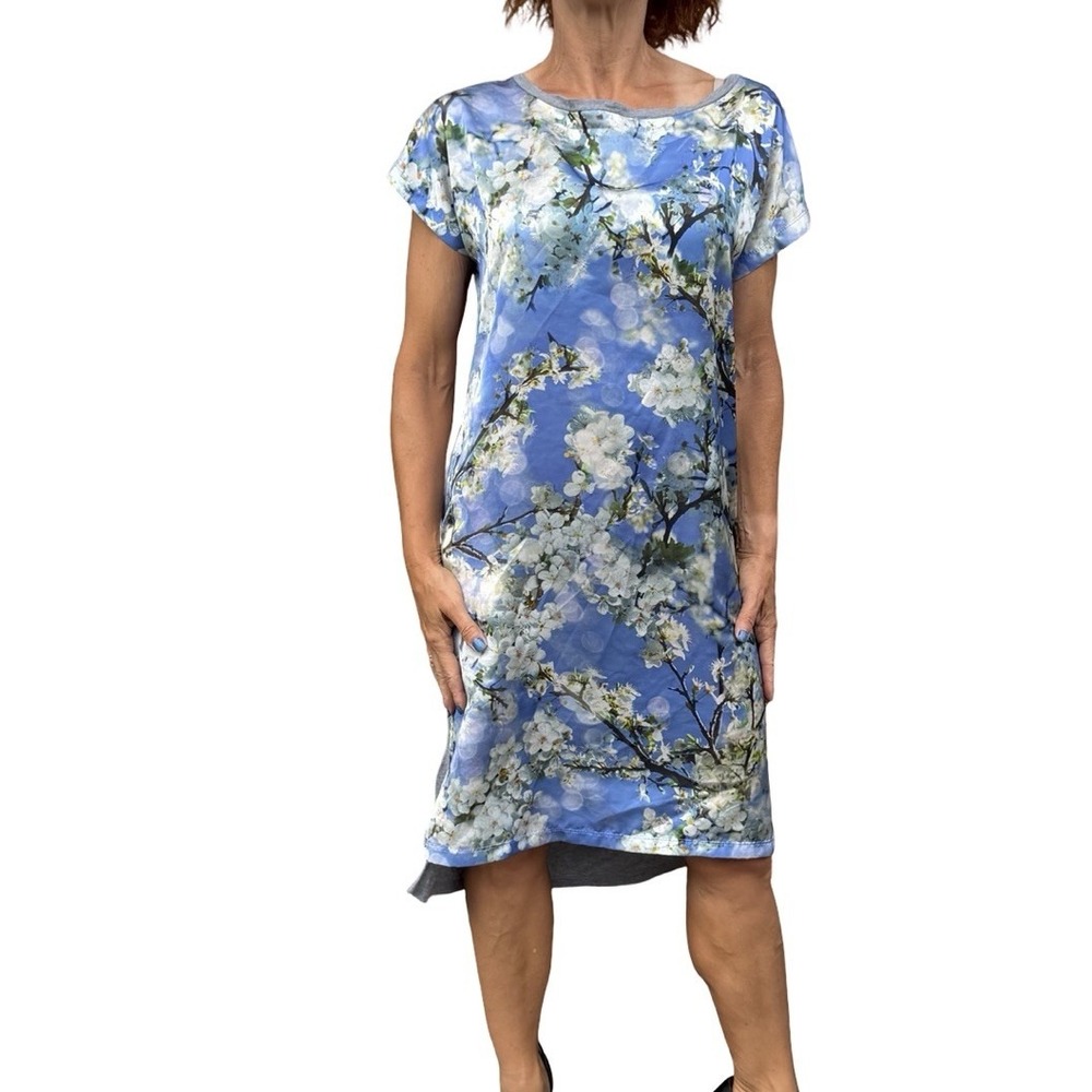 PS Paul Smith Women's Large T-Shirt Dress Floral Satin  Panel Artsy Short Sleeve